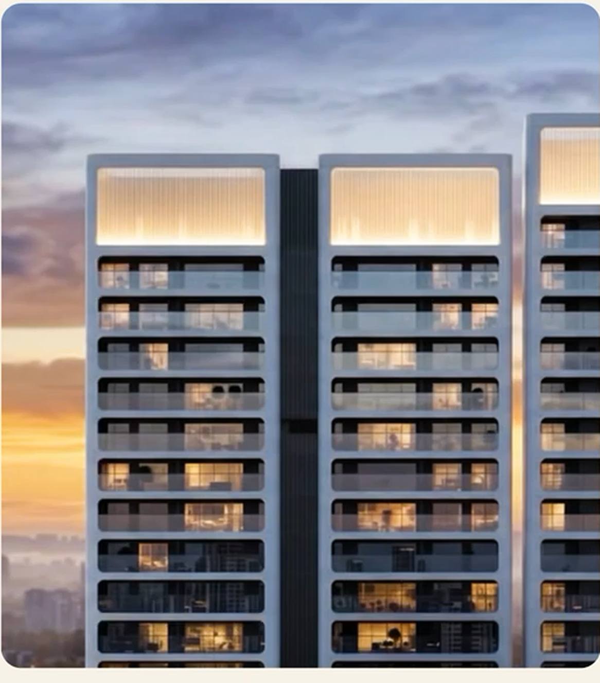 Close view of the fluted glass crown that terminates each Godrej Verano tower