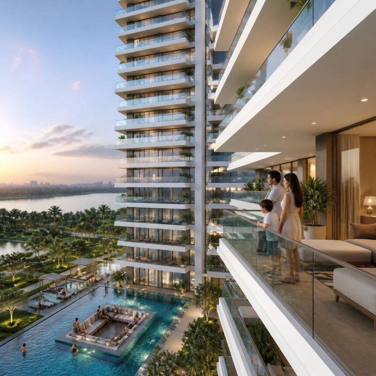 Balcony view over the lagoon pool and landscaped greens at Godrej Verano, Sector 63A Gurugram